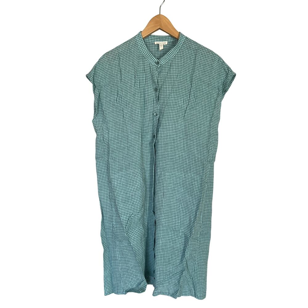 Eileen Fisher Midi Dress Women's Petite M PM Blue Linen Plaid Cap Sleeve Buttons